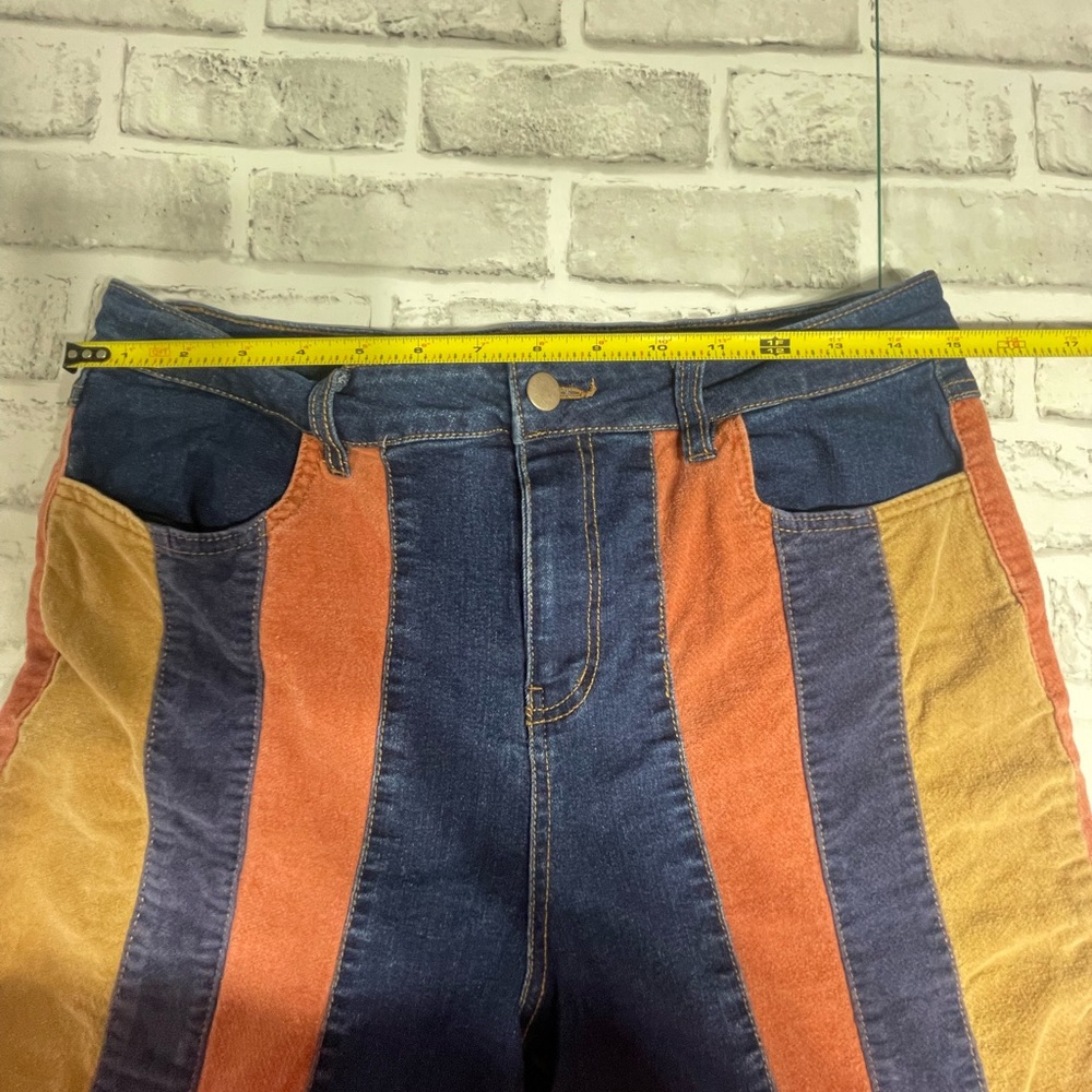 Versona Flare Jeans Striped Patchwork Colorblock 70s Boho Womens Size 12 S. - Picture 7 of 12